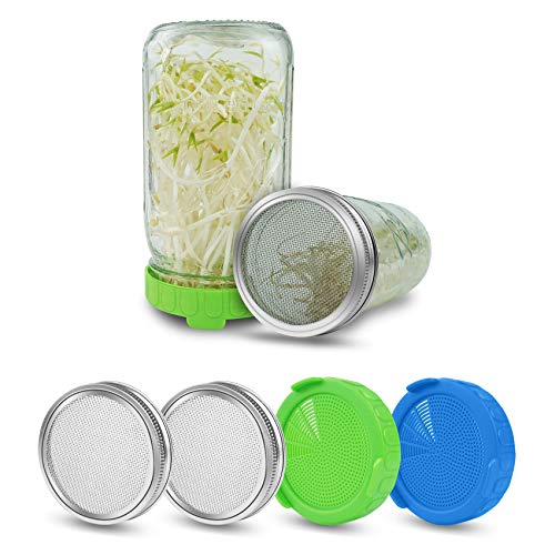 4 Pack Sprouting Lids, 2 Plastic Sprout Lids + 2 Stainless Steel Sprout Lids/Kits With Mesh