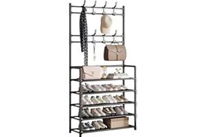 Jurbnlp 5-Tier Entryway Coat Rack, Coat and Shoe Rack, Coat Rack with Shoe Storage Coat Rack Freestanding with 8 Hooks for Bedroom, Hallway, Office, Black