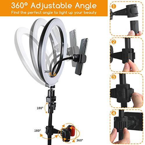 10”Selfie Ring Light with Tripod Stand & Cell Phone Holder with 3 Light Modes & 10 Brightness Level for Streaming Makeup Photography Zoom Wed Conferencing, Live Stream and YouTube Video
