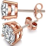 Rose Gold Earrings for Women Sterling Silver Round Cut Rose Gold Cubic Zirconia Stud Earrings 4-8mm Available Rose Gold Diamond Stud Earrings 4-Prong Fake Diamond Post Earrings - ZowBinBin