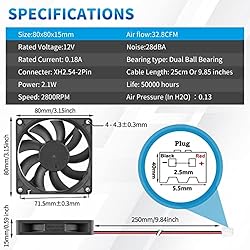 Wathai 80mm x 15mm 12V DC Coolng Fan 2 Pin Dual