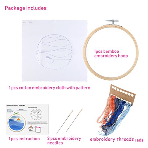 Unime Embroidery Starter Kit with Pattern Full Range Embroidery Kit with Embroidery Cloth, Embroidery Hoop, Color Threads, Needles (Sunset) - Thumbnail 2