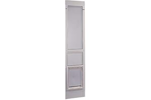 IDEAL PET PRODUCTS SINCE 1979 Ideal Pet Modular ALUMINUM Pet Patio Door with Single Pane Glass and Clear Flexible Flap. Fits up to 1” Aluminum Patio track width ONLY, Extra Large, White