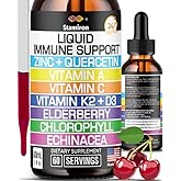 Zinc Quercetin Vitamin C D3 Liquid Immune Support with Vitamin A K2 Echinacea Chlorophyll and Elderberry - 9in1 Immune Defense Drops Complex for Immunity Health Respiratory Health - 60 Servings