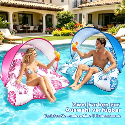 Air Mattress Pool for Adults with Adjustable Sun Canopy (Blue) | Tanning Pool Chair with Drink Holders and Armrest, Lounge Swimming Chair for Summer Party & Beach