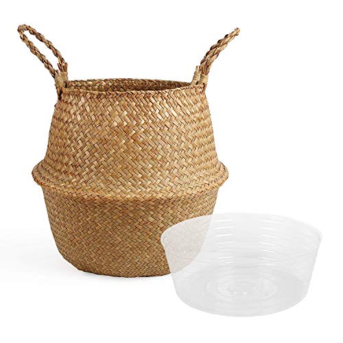 BlueMake Woven Seagrass Belly Basket with Handles for Storage Plant Pot