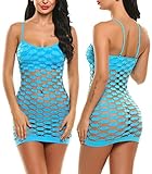 Avidlove Women's Fishnet Lingerie Mesh Hole Strap Chemise Badydoll Mini Dress Blue