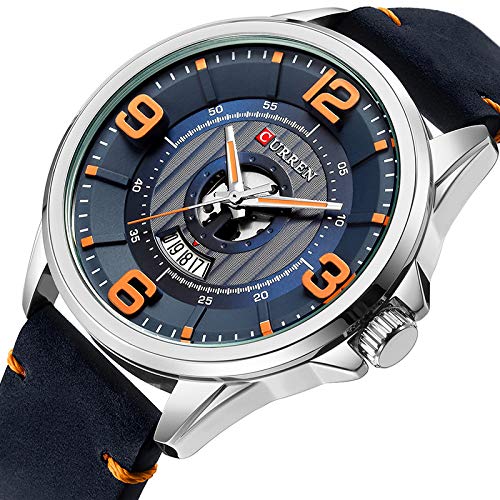 Curren 8305 - Reloj de pulsera para hombre, esfera redonda grande, correa de piel, casual, reloj de cuarzo, color azul - Imagen 3