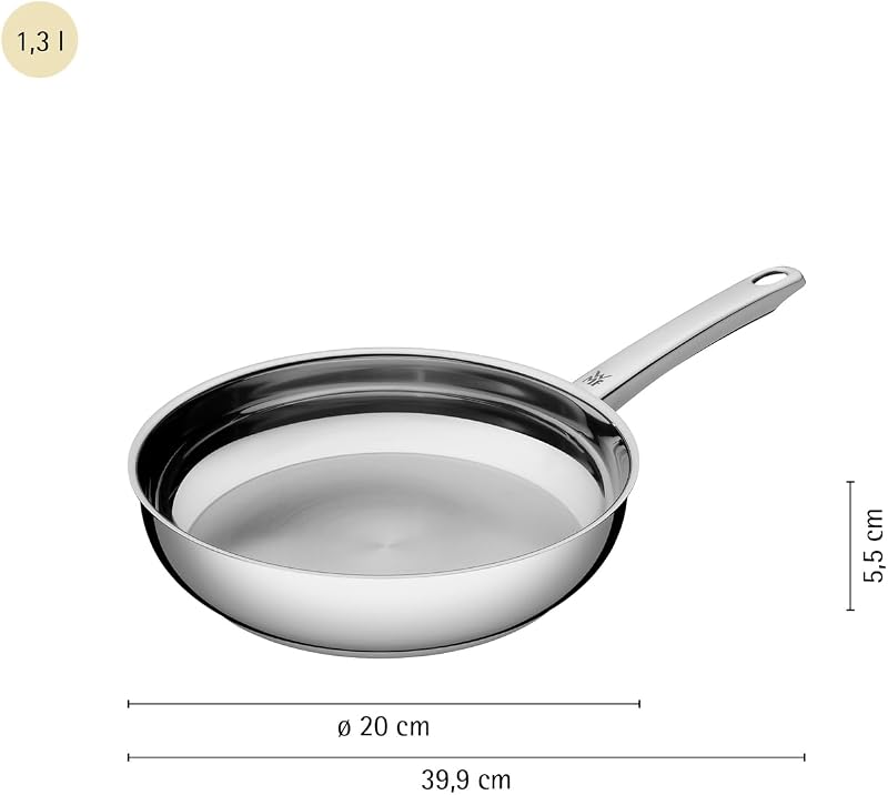 Profi Edelstahlpfanne 20 cm, Bratpfanne Induktion, unbeschichtet, spülmaschinengeeignet, backofenfest bis 250 Grad, für alle Herdarten geeignet, für hohe Temperaturen, tropffrei, ergonomisch