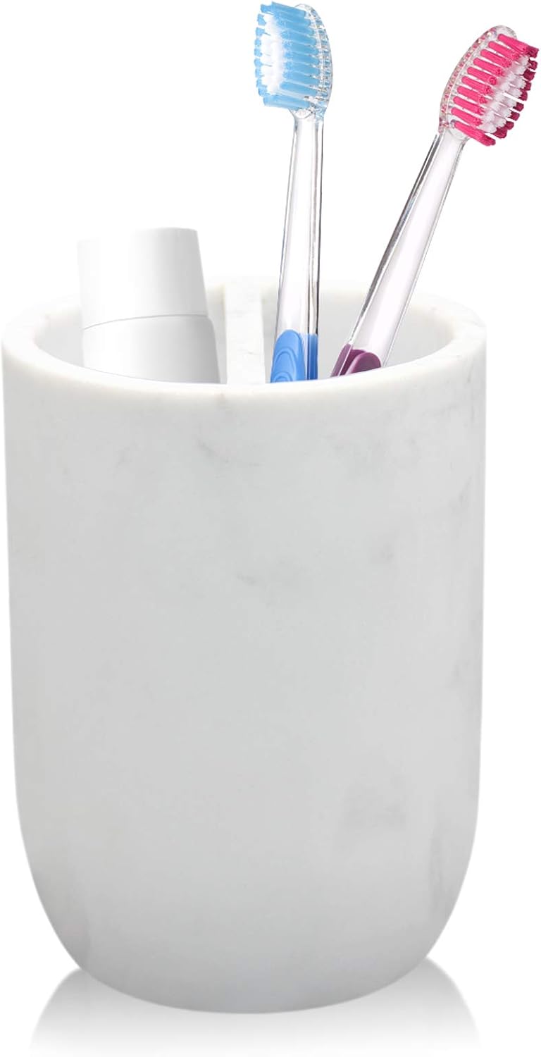 Toothbrush Holder Polyresin Toothbrush Organizer Stand,Multi-Functional Toothpaste Holder Makeup Brushes Cup Razors Holder for Bathroom Vanity Countertop,Ideal for Home, Hotel (Marble Style) (1Pack): Kitchen & Dining