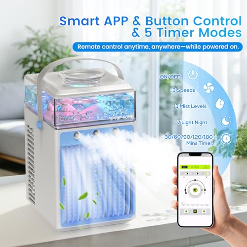 5 in 1 Mini Mobile Air Conditioner, Portable Fan, Air Conditioner Fan with 3 Speeds and 3 Mist Modes, APP Control, No Evacuation Air Conditioners for Room Car, 6 Ice Cubes