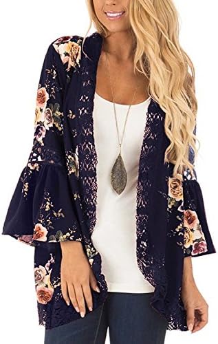 EIFFTER Women Boho Bell Sleeve Hollow Out Lace Floral Print Short Cardigan Casual Fall Kimono