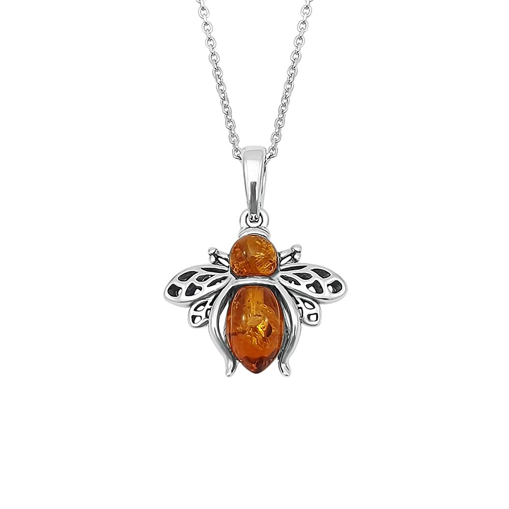 Kiara Jewellery 925 Sterling Silver Flying Amber Bee Pendant Necklace Inset With Brown Baltic Amber on 18" Sterling Silver Chain.