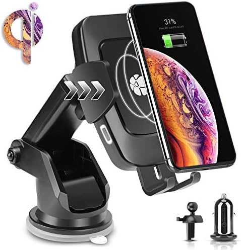 Wireless Car Charger Mount,QI Fast Wireless Car Charger with QC 3.0 Car Charger,Automatic Clamping Car Phone Holder,Support 10W,7.5W and 5W Charger,Compatible iPhone XR/XS/X/8,Galaxy S10/S9/S9+/S8/S8+