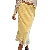 Women Lace Trim Satin Long Skirt Asymmetrical Silk Lace Skirt Elegant Elastic Waist Flowy A Line Midi Underskirt