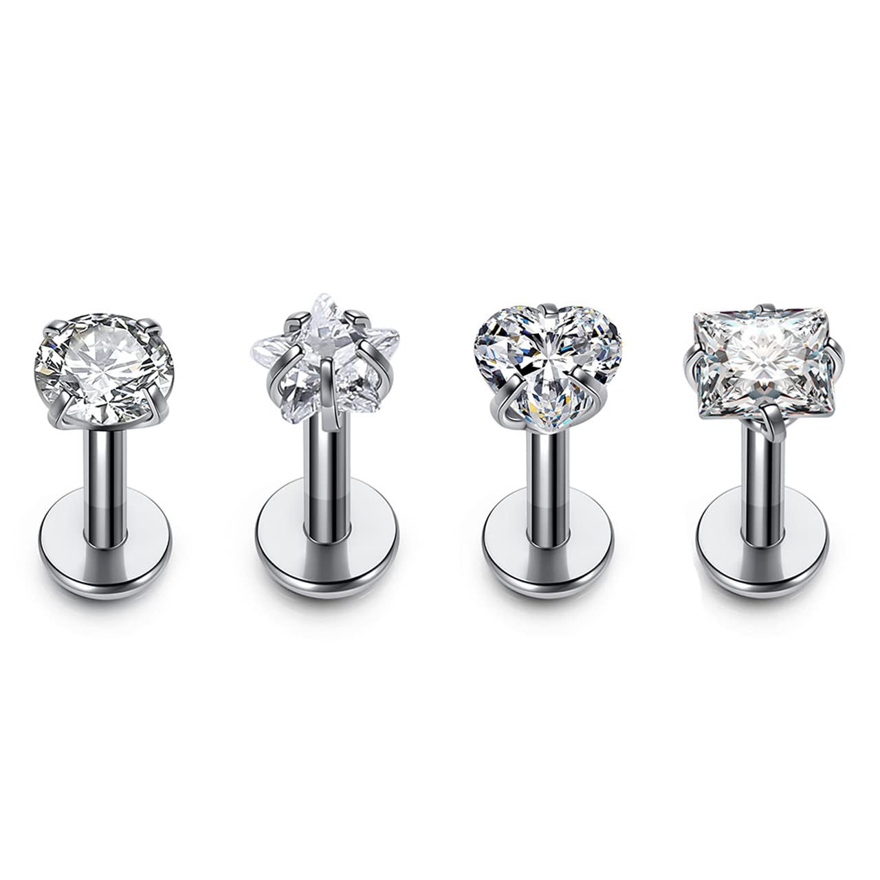 Jovivi Tragus Labret Studs Piercing Jewellery 4pcs 16G Stainless Steel Cubic Zirconia Silver Helix Earrings Tragus Lip Stud Bar Medusa Piercing Jewellery Flat Back Earrings