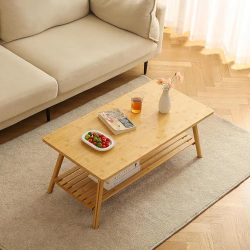Hcosmy No Assembly Bamboo Coffee Table, 2-Tier Tea Table with Storage Shelf, Japanese Living Room Table, Space Saving Side End Table for Living Room Home Office