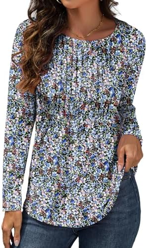 GRECERELLE Womens Crew Neck Long Sleeve Tops Casual Front Pleated Tunics Tops Tees T-Shirts Regular-Fit Blouse for Ladies (Black Anemone, S)