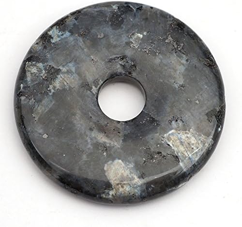 Flat Black and Grey Norwegian Moonstone Donut Pendant, Larvikite Semiprecious Stone, 40mm