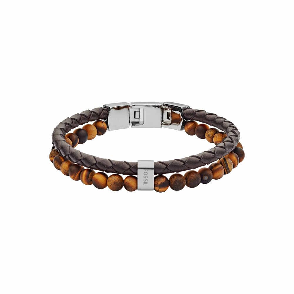 Fossil Men's beaded Stainless Steel or leather with fold over closure bracelet