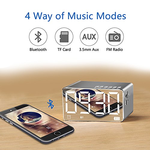 Alarm Clock with Bluetooth Speaker 4.2 and Large Mirror, XIAOKOA Portable Wireless Stereo Sound Speaker Built-in TF Card,FM Radio,Handsfree Calling, LED Nightstand Clock and LED Dimmable Display - Thumbnail 2