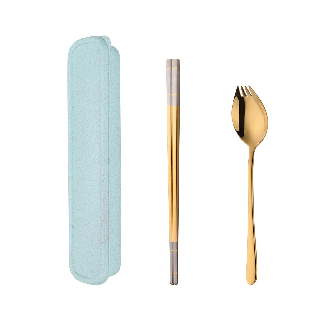 SBOMHS Portable Cutlery Set with Case Chopsticks 3 in 1 Spork (Spoon Fork Knife) Set Gift Box 18/10 Stainless Steel(Gold)