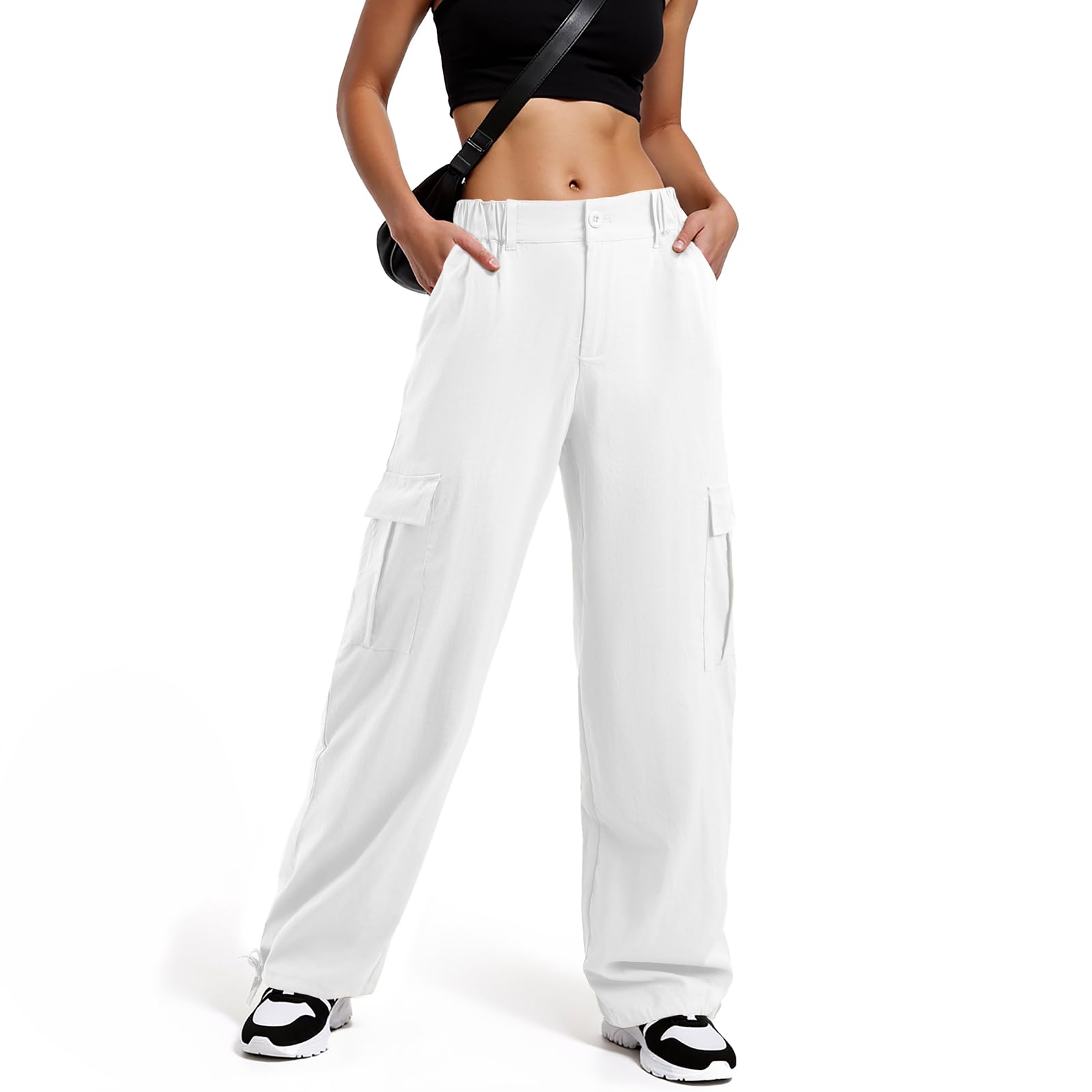 Photo 1 of Cargo Pants Women Baggy Pants Y2K Parachute Pants with Multiple Pockets Trendy Lightweight Pants S White for Woman