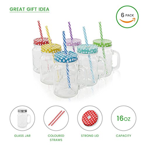 Golden Spoon Glass Drinking Jar/Mug with Handle, Stainless Steel Lid, Stainless Steel Colored Lid, Colored Straws, Regular Mouth, Dishwasher Safe, BPA Free, Set of 6 (16 oz/Pint)