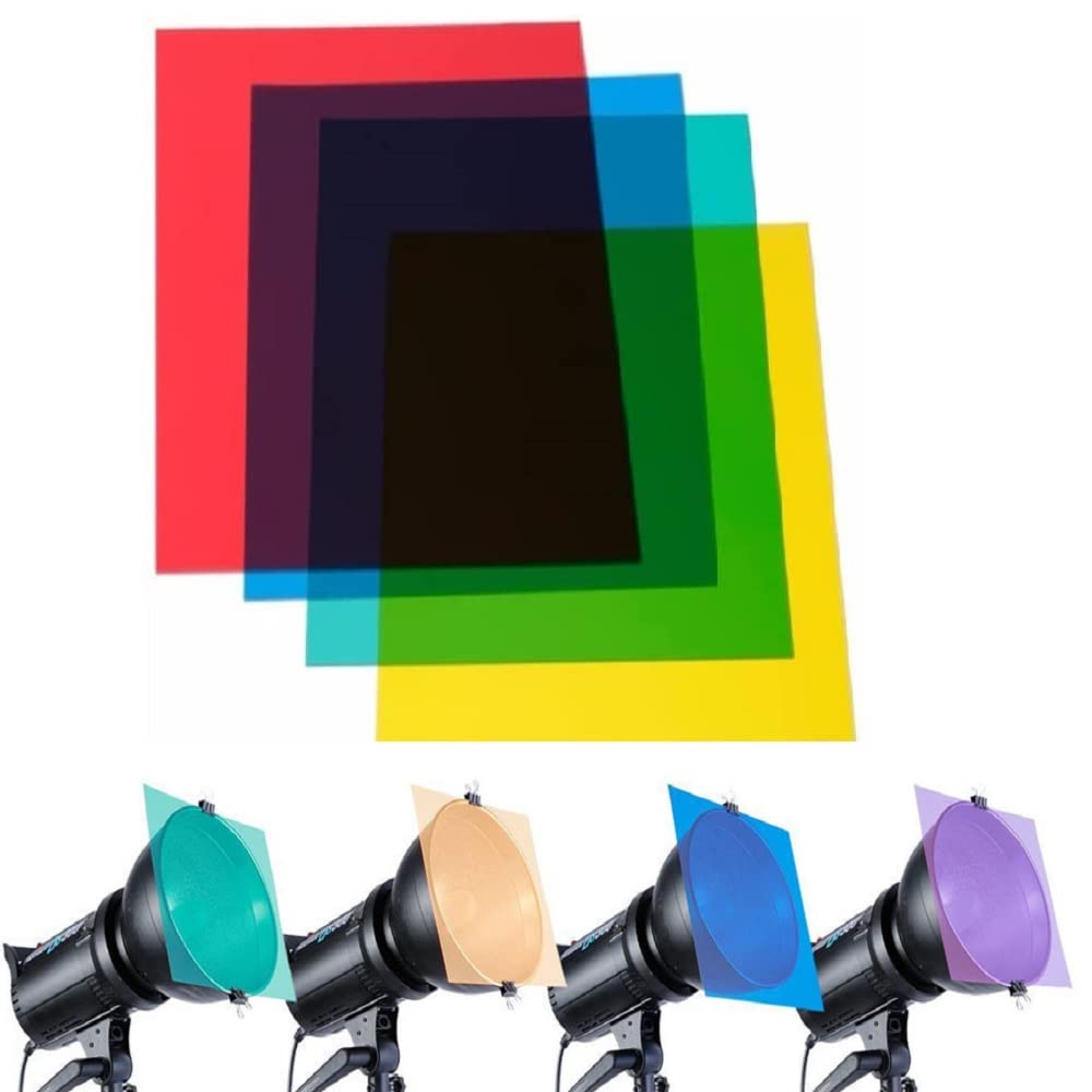 VOMONO 12 Pieces Lighting Gels Filter Coloured Overlays Transparent Colour Correction Gel Plastic Light Filters Colour Film A4 Sheet, 4 Colours