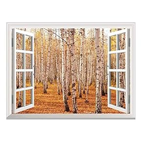 Removable Wall Sticker/Wall Mural - Autumn Birch Forest | Creative Window View Wall Decor - 24"x32"