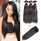 LONG YAO Brazilian Straight Virgin Hair 3 Bundles With Free Part Lace Closure 7A 100% Unprocessed Remy Human Hair Extensions Natural Color