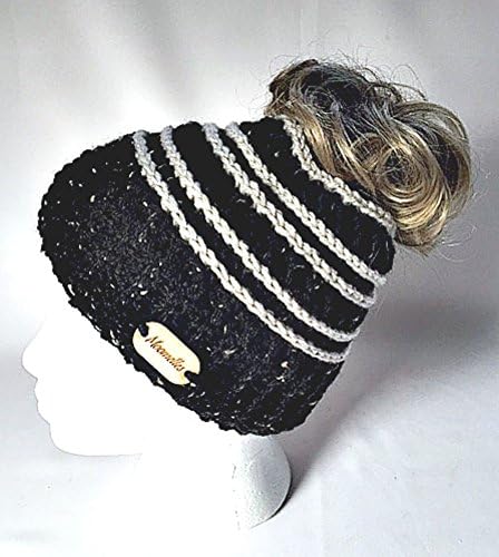 Handmade Messy Bun Hat Black Beanie Fleck Wood Button Crochet Ponytail Holder Runner Cream Stripe