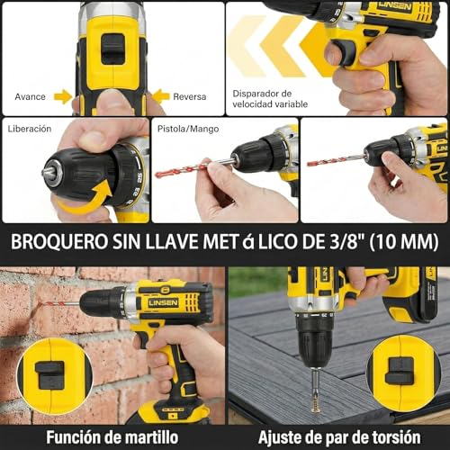 LINSEN Taladro Inalámbrico 21V con 2 Baterías, 0-1500 RPM Velocidad Variable, 18+1 Ajustes de Torque, Kit de Taladro Profesional con Extensión Flexible para Perforar y Atornillar