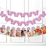 1st Happy Birthday Glitter Decorations-Purple Butterfly 3D Birthday Banner and Flower Monthly Milestone Photo Banner,1-12 month Numbering Photography Garland,Great For Baby Kid 1 Year old Celebration