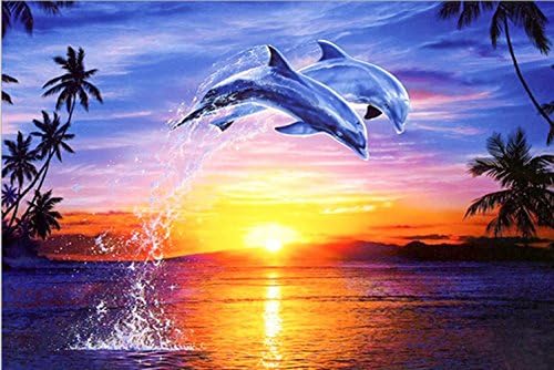 Full Drill 5D DIY Diamond Painting Kit,Dolphin Jumping Out Sea Sunset Embroidery Rhinestone Cross Stitch Arts Craft Canvas Wall Decor
