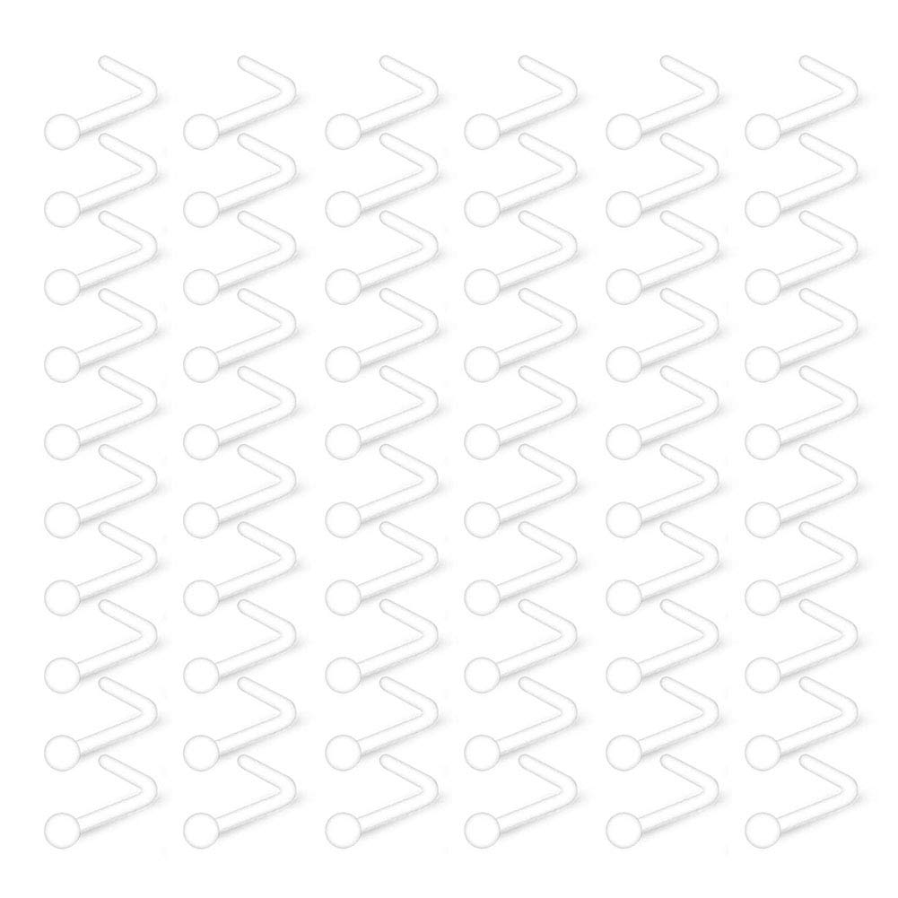 Rajnard 22G Clear Nose Stud Flexible L Shaped Studs Retainers Body Jewelry Piercing Top Ball 2.5mm 60 PCS