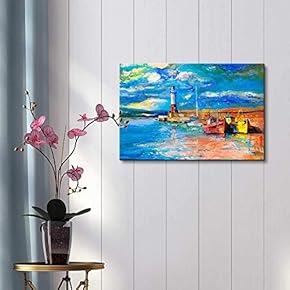 Canvas Prints Wall Art - Original Oil Painting of Lighthouse and Boats on Canvas.Rich Golden Sunset Over Ocean - 12" x 18"
