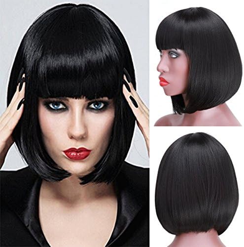 Short Bob Synthetic Wigs for Black Woman Kinky Straight Firber Hair None Lace Wigs with Bang Machine Made Synthetic Wigs 10 Inch