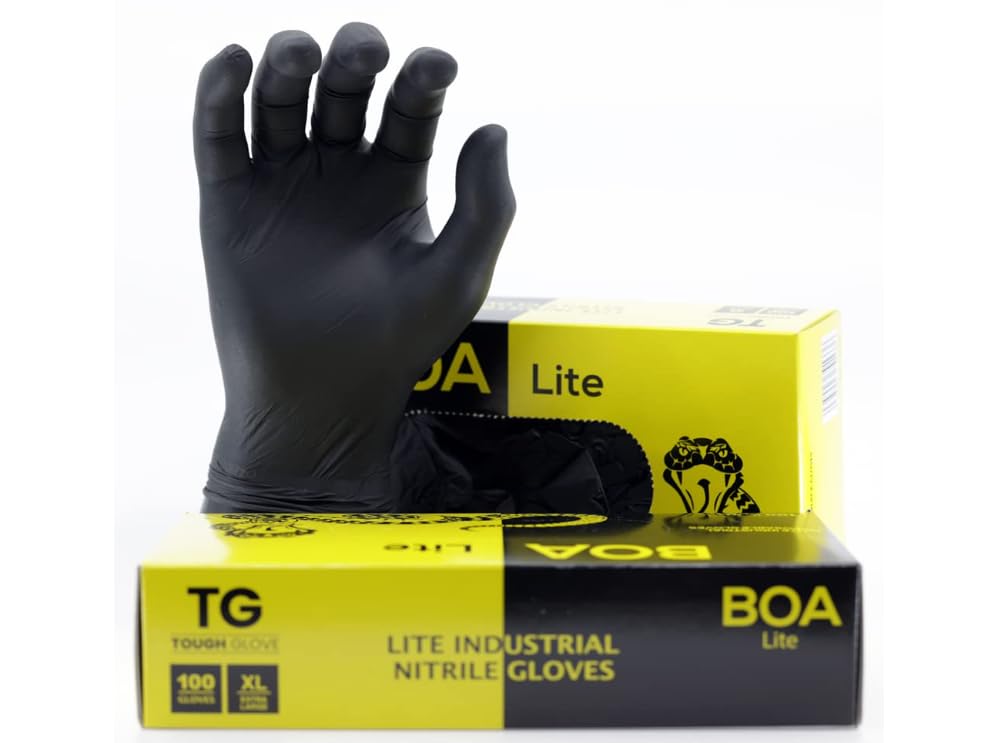 TG TOUGH GLOVE Boa Lite Nitrile Gloves (Pack Of 100) | Black Multi-Purpose Disposable Gloves | DIY Gloves Powder & Latex Free Lightweight Durable Nitrile (Small)