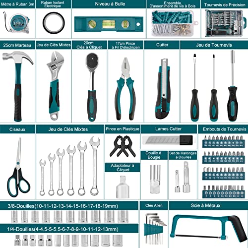 Tool Case 257 Pieces Complete Tool Case – Sundpey Portable Tool Box Hammer Pliers Screwdriver Wrench Socket Tape Measure Tool Kits Repair Combined