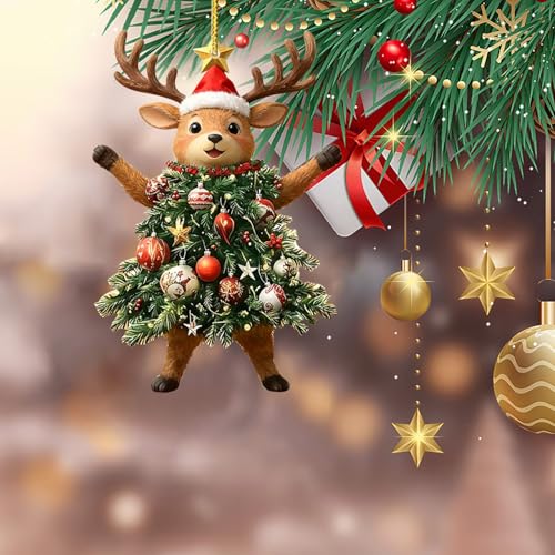 Cute Reindeer Christmas Ornaments, Acrylic 10x10cm Animal Tree Decorations with Santa Hats & Festive Ornaments for Xmas Tree Hanging, Festive Holiday Decor (D)