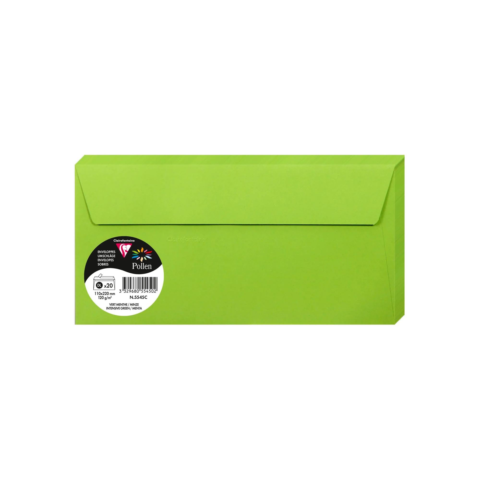 Clairefontaine 5545C Pack of 20 Self-Adhesive Envelopes DL 11x22cm 120gsm Colour Intensive Green Invitation Events Correspondence Pollen Range Premium Paper