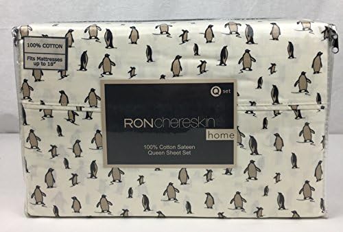 RONchereskin home 100% Cotton Sateen 220 TC Deep Pocket Sheet Set Tan Black Penguins Ivory (QUEEN)