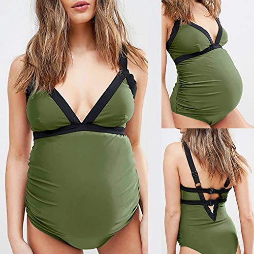 Maternity Tankini, Plus Size Women's Pregnant Solid Color Swimsuit Solid Strappy Swimsuit Bikinis Halter Pregnant V Neck Backless Beachwear lkoezi (S, Green) - Thumbnail 2