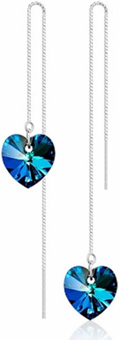 Besflily Jewellery Elegant Blue Crystal Heart Threader Drop Dangle Earrings Long Chain Earrings Gift for Women Girls