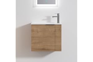 SSLine Wall Mounted Bathroom Vanity with Sink Combo Modern 22" Bathroom Vanity Set with Top Basin & Storage Cabinet Wood Hanging Bath Cabinet w/Ceramic Sink for Small Space(22"-Brown)