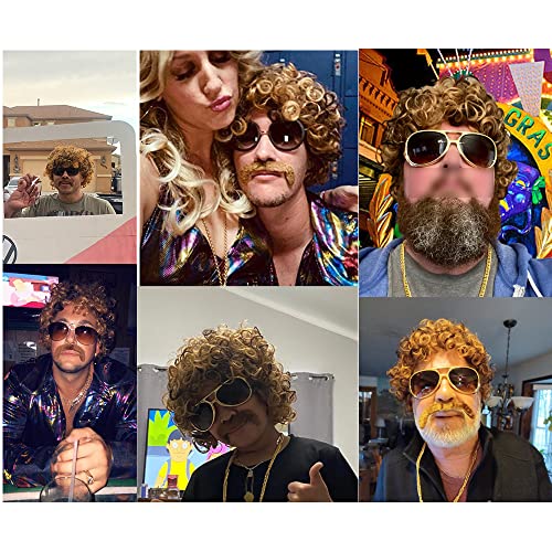 KEQISIQI Mens Wig 70s 80s Disco Costume Wig Set Afro Short Curly Brown with Blonde Synthetic Wig for Cosplay Party Halloween Fashion