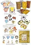84 Piece Zoo Animal Safari Theme Birthday Party Favor Bundle Pack for 12 Guests (12 Masks, 12 Safari Print Bags, 12 Rubber Rings, 24 Tattoos, 12 Make a Sticker Sets, 12 Paratroopers)