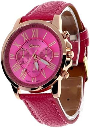 Winhurn Fashion Faux Leather Analog Quartz Women Wrist Watch with Roman Numerals (Hot Pink)