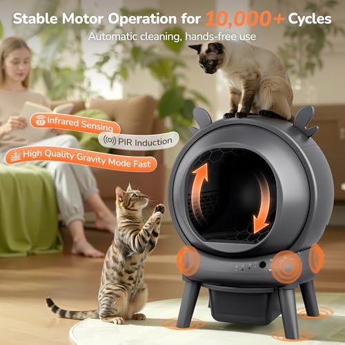 Automatic Self Cleaning Litter Box, Cat Litter Box, Robot Litter Box | APP Control, 65L Globe, Dual Safety Sensors, 1 Roll Garbage Bags, Litter Mat, <35DB, Grey